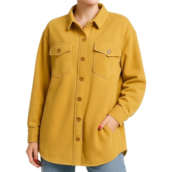AVEC LES FILLES Shacket French Terry Pigment Dyed Mustard Cotton Blend Oversized - Picture 1 of 12